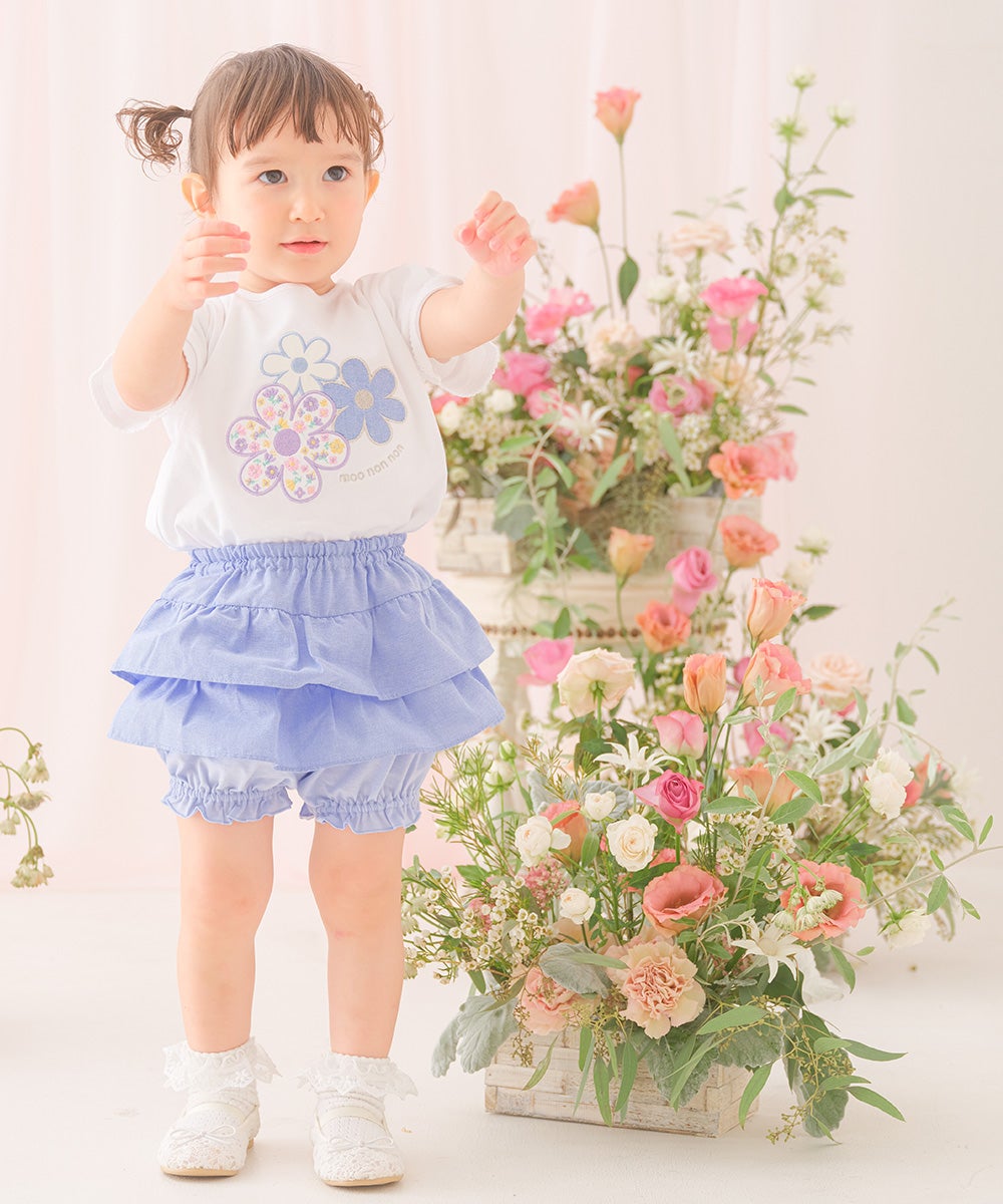 ベビー服 女の子 子ども服 こども キッズジュニア 綿100％ お花 ロゴ刺繍 リボン オフホワイト(11) モデル画像全身