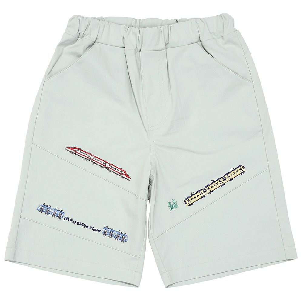 ベビー服 男の子 電車 乗り物刺繍 ストレッチハーフパンツ グリーン(08) 正面