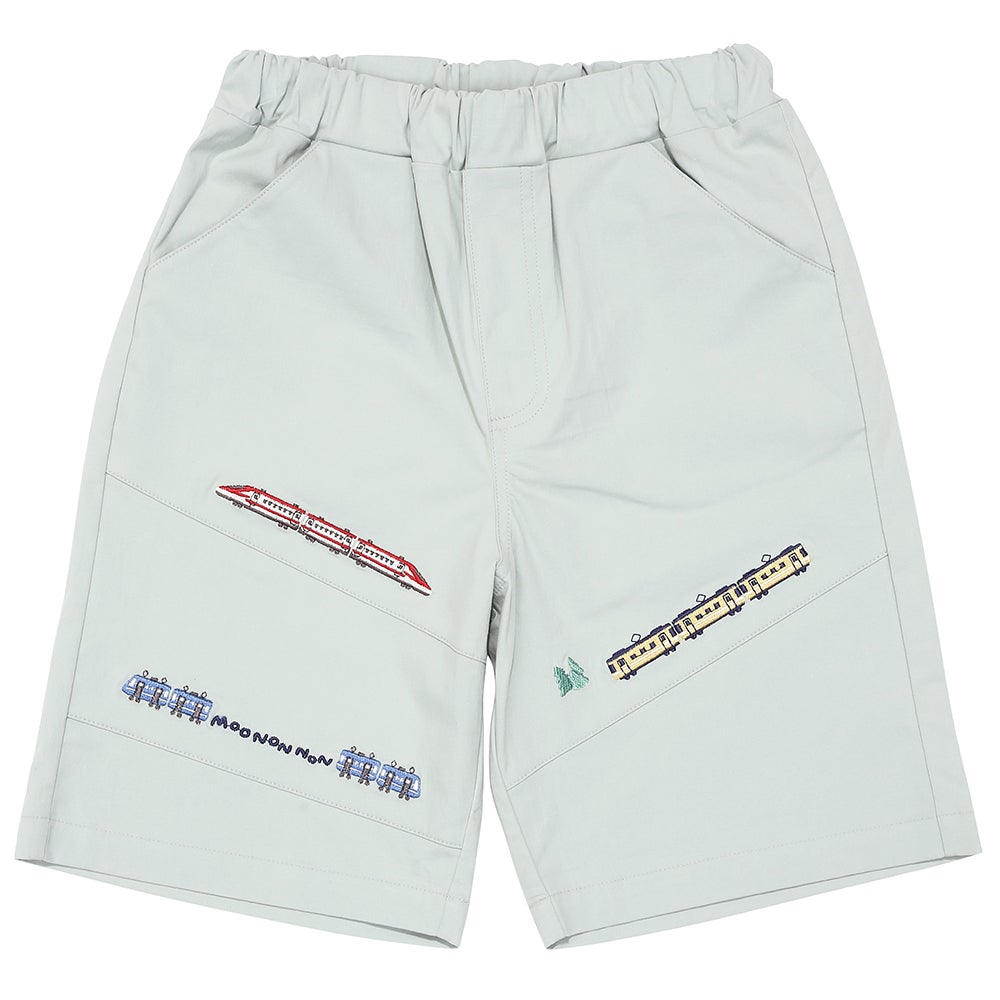 ベビー服 男の子 子ども服 こども キッズ ストレッチ 電車 乗り物 刺繍 ウエストゴム グリーン(08) 正面