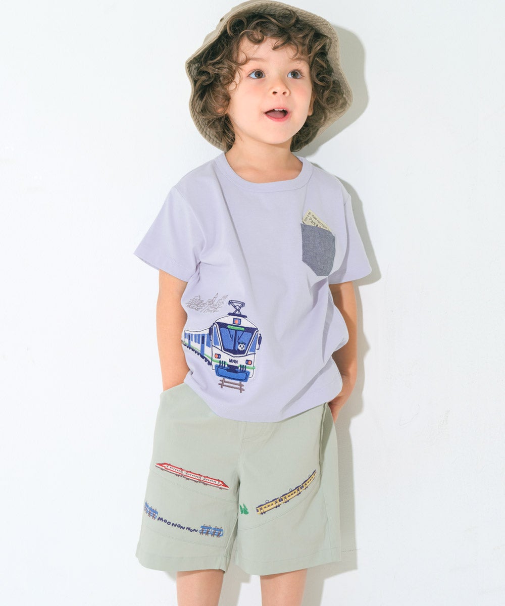 ベビー服 男の子 子ども服 こども キッズ ストレッチ 電車 乗り物 刺繍 ウエストゴム グリーン(08) モデル画像アップ