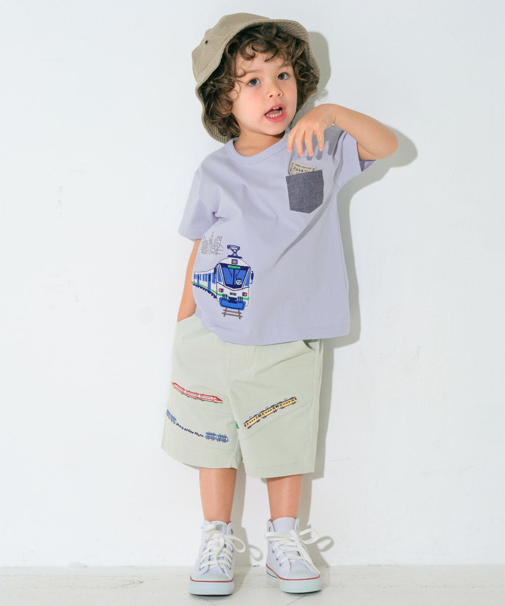 ベビー服 男の子 子ども服 こども キッズ ストレッチ 電車 乗り物 刺繍 ウエストゴム グリーン(08) モデル画像1