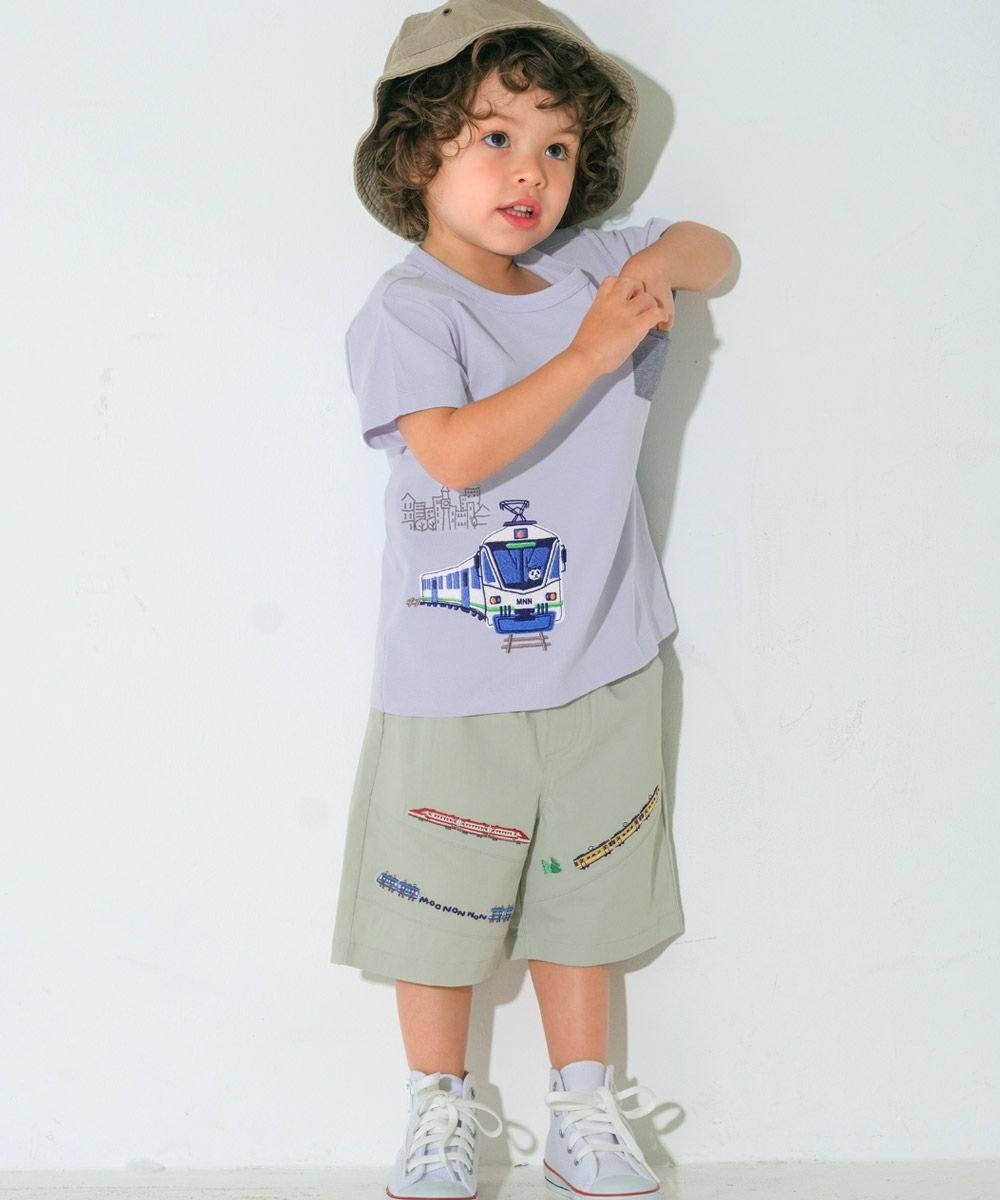 ベビー服 男の子 電車 乗り物刺繍 ストレッチハーフパンツ グリーン(08) モデル画像2
