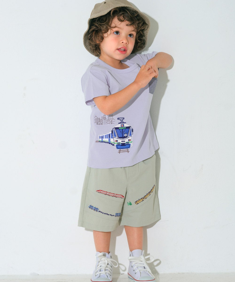 ベビー服 男の子 子ども服 こども キッズ ストレッチ 電車 乗り物 刺繍 ウエストゴム グリーン(08) モデル画像2