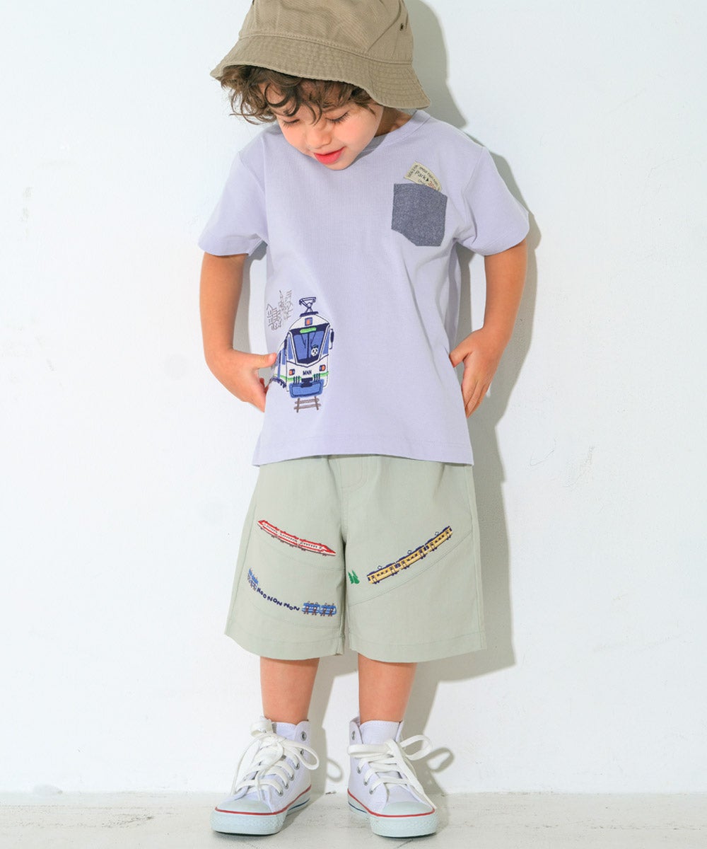 ベビー服 男の子 子ども服 こども キッズ ストレッチ 電車 乗り物 刺繍 ウエストゴム グリーン(08) モデル画像3