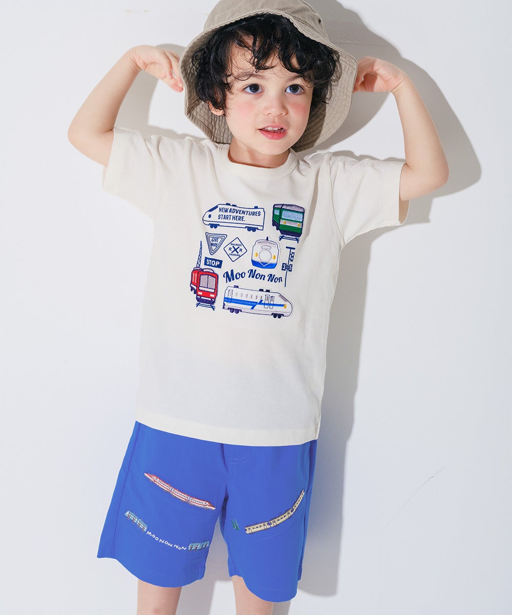 ベビー服 男の子 子ども服 こども キッズ ストレッチ 電車 乗り物 刺繍 ウエストゴム ブルー(61) モデル画像アップ