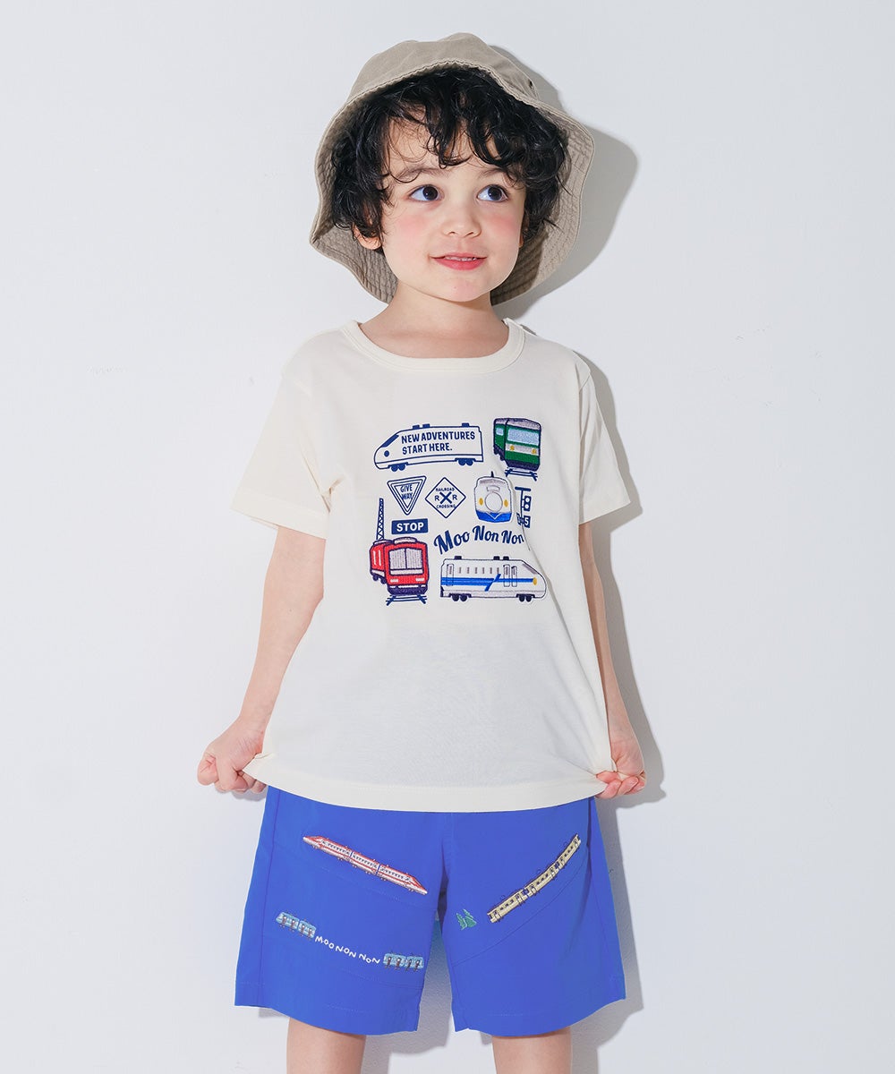 ベビー服 男の子 子ども服 こども キッズ ストレッチ 電車 乗り物 刺繍 ウエストゴム ブルー(61) モデル画像1