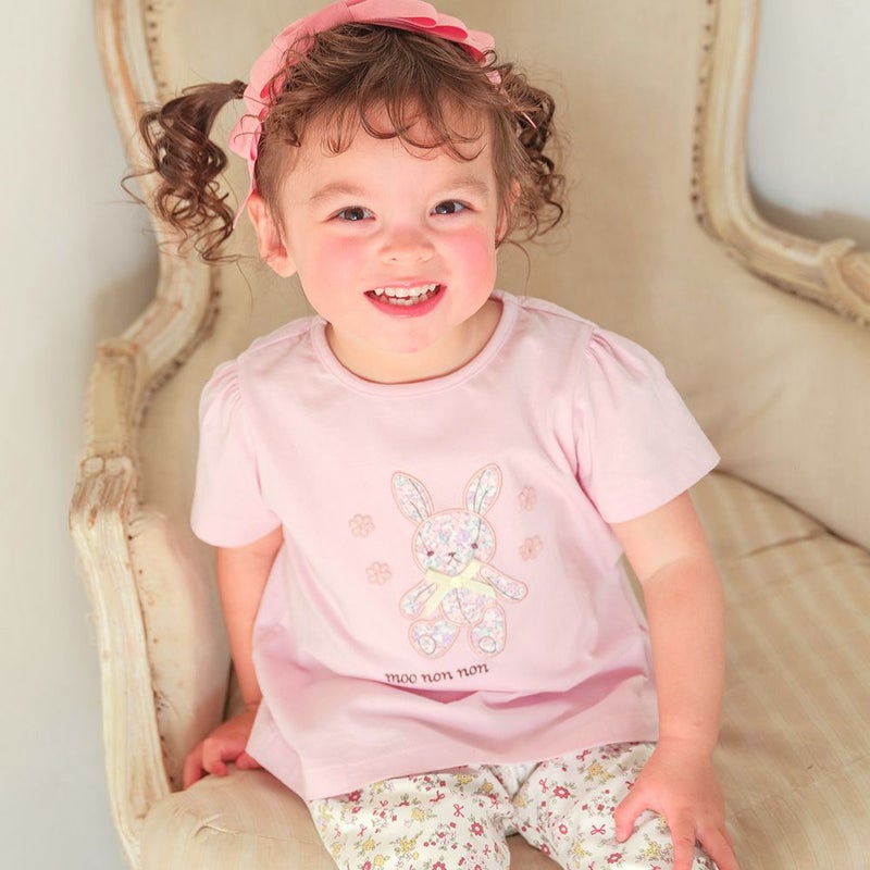 ベビー服 女の子 綿100％ 花柄うさぎアップリケ バックリボンつきTシャツ
