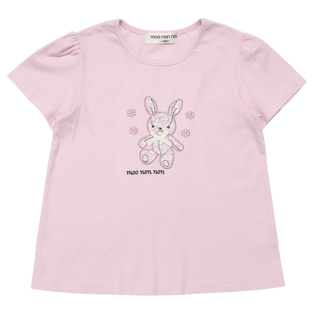 綿100％ 花柄うさぎアップリケ バックリボンつきTシャツ｜ベビー・子供