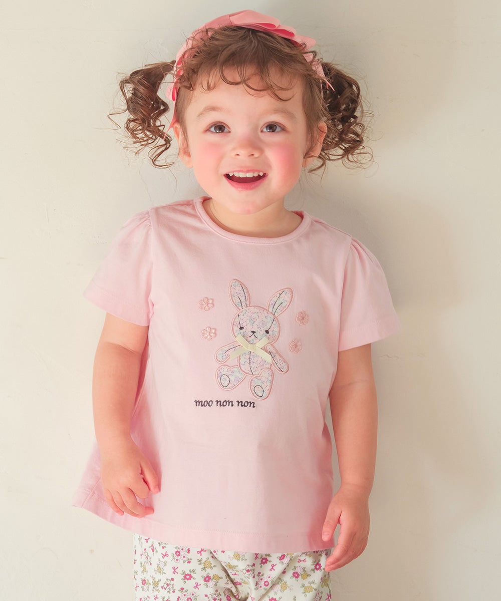 ベビー服 女の子 子ども服 こども服 キッズ 綿100％ うさぎ アップリケ 花柄 バックリボン Aライン ピンク(02) モデル画像アップ