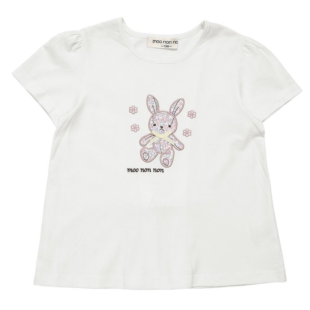 ベビー服 女の子 綿100％ 花柄うさぎアップリケ バックリボンつきTシャツ オフホワイト(11) 正面