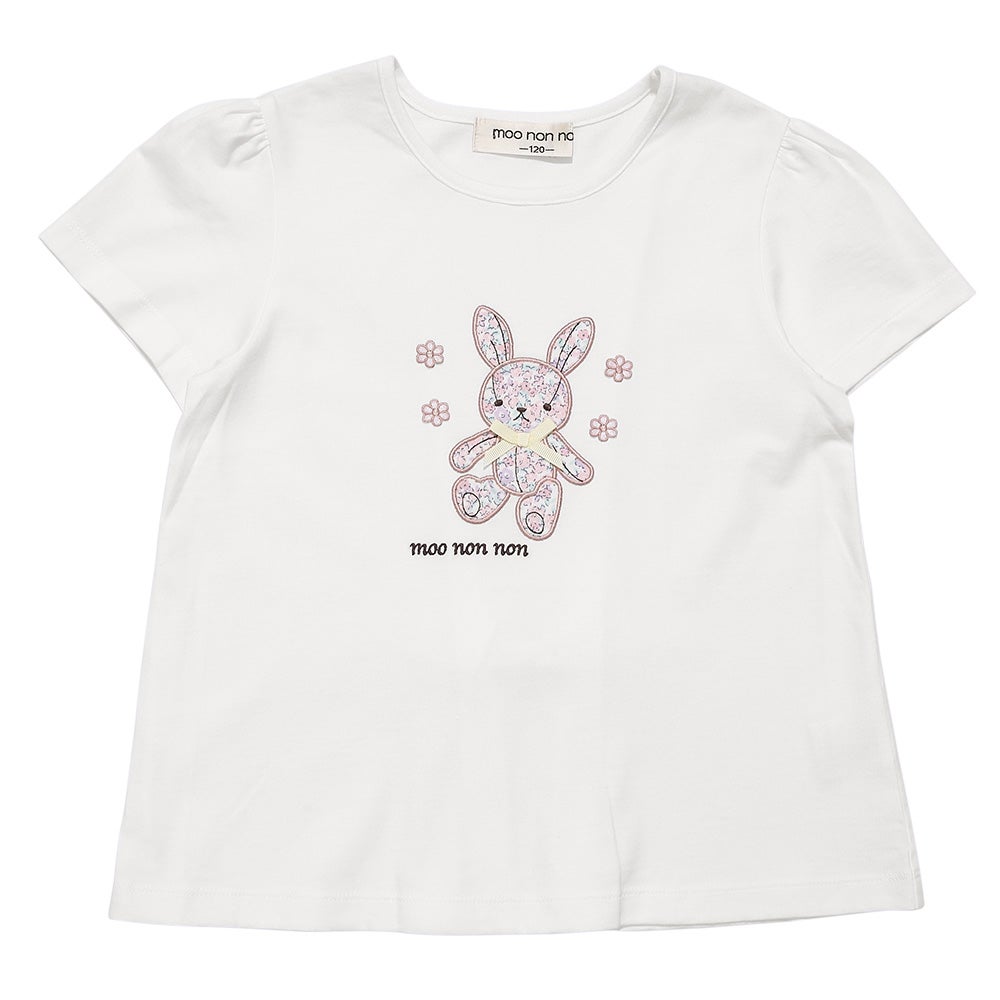 ベビー服 女の子 子ども服 こども服 キッズ 綿100％ うさぎ アップリケ 花柄 バックリボン Aライン オフホワイト(11) 正面