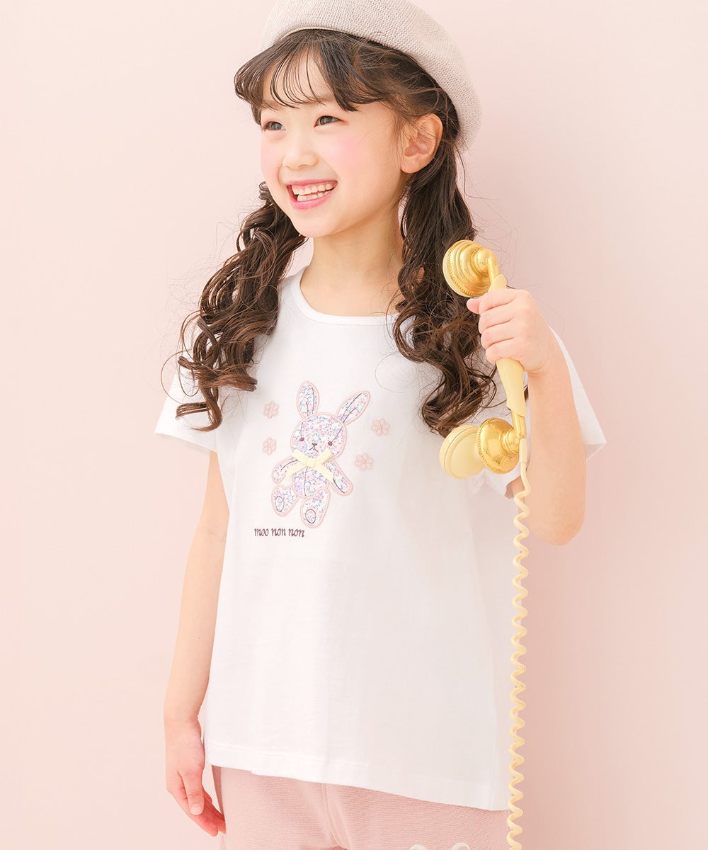 ベビー服 女の子 子ども服 こども服 キッズ 綿100％ うさぎ アップリケ 花柄 バックリボン Aライン オフホワイト(11) モデル画像アップ