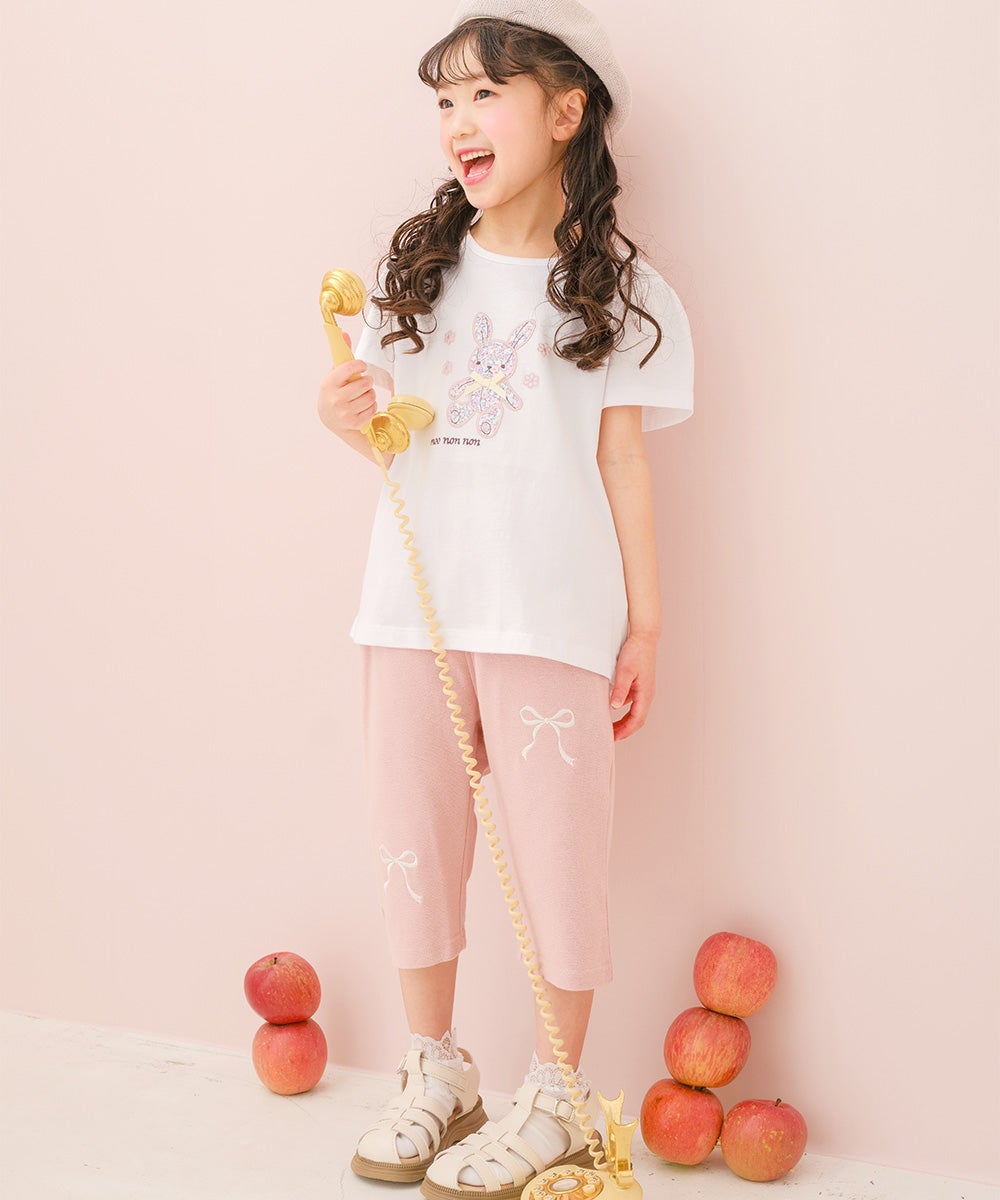綿100％ 花柄うさぎアップリケ バックリボンつきTシャツ｜ベビー・子供