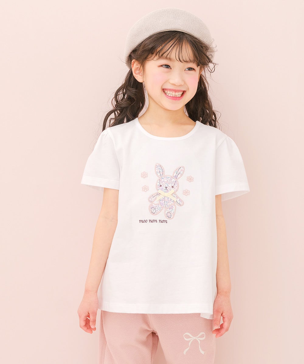 綿100％ 花柄うさぎアップリケ バックリボンつきTシャツ｜ベビー・子供