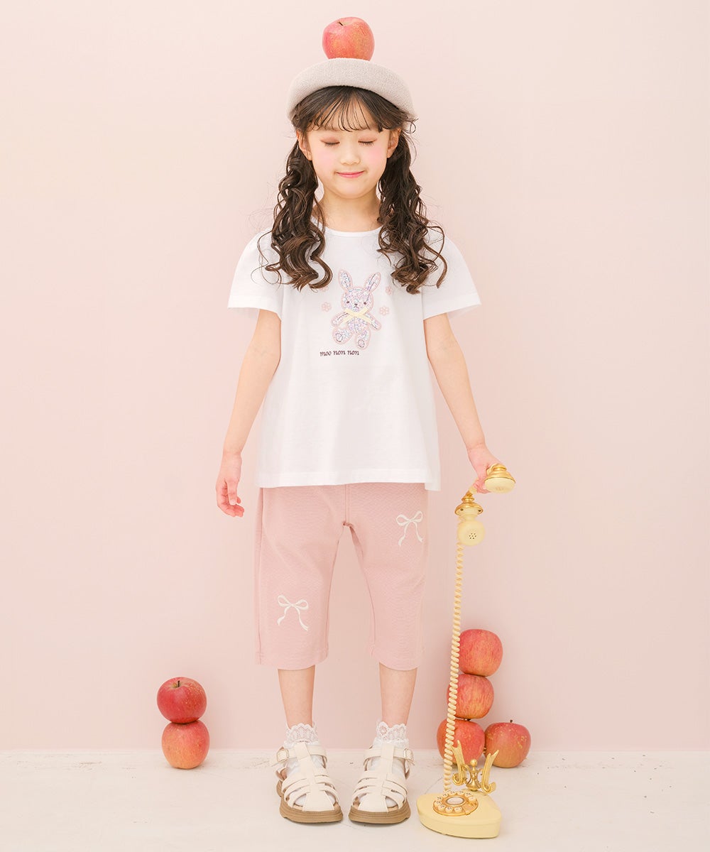 綿100％ 花柄うさぎアップリケ バックリボンつきTシャツ｜ベビー・子供