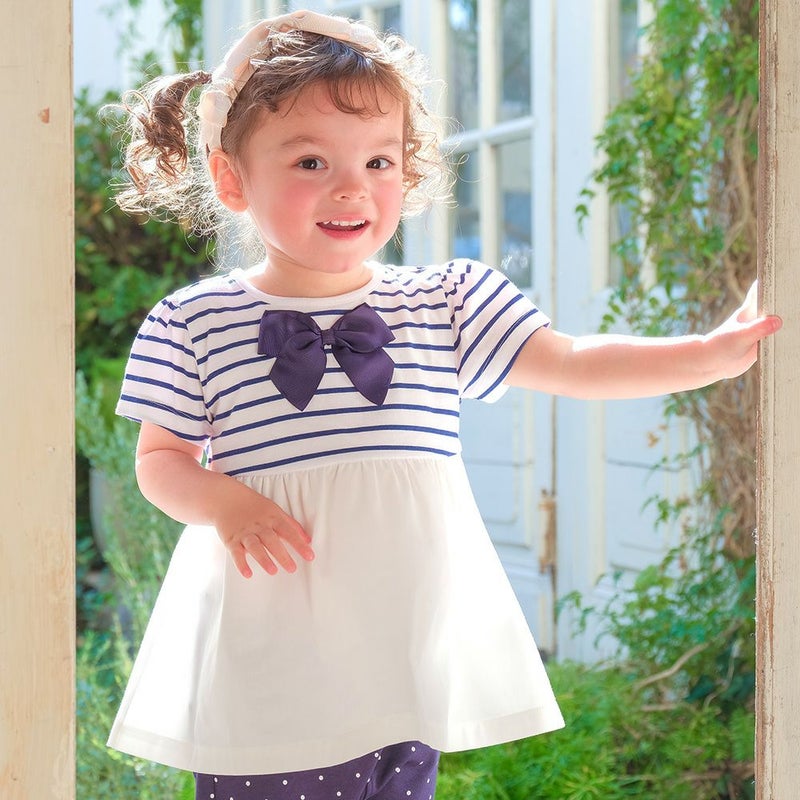 ベビー服 女の子 ボーダー柄リボン付き ギャザー切り替え チュニックTシャツ
