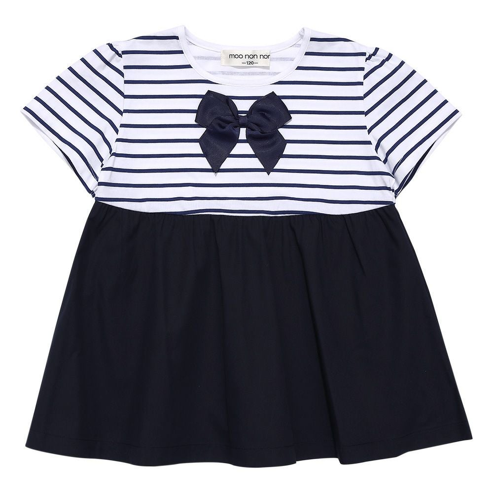 ベビー服 女の子 ボーダー柄リボン付き ギャザー切り替え チュニックTシャツ ネイビー(06) 正面