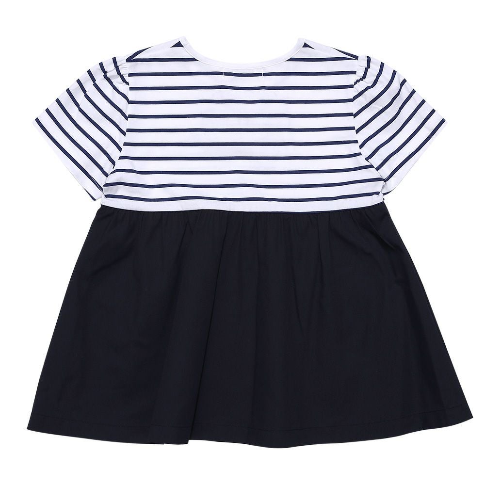 ベビー服 女の子 ボーダー柄リボン付き ギャザー切り替え チュニックTシャツ ネイビー(06) 背面