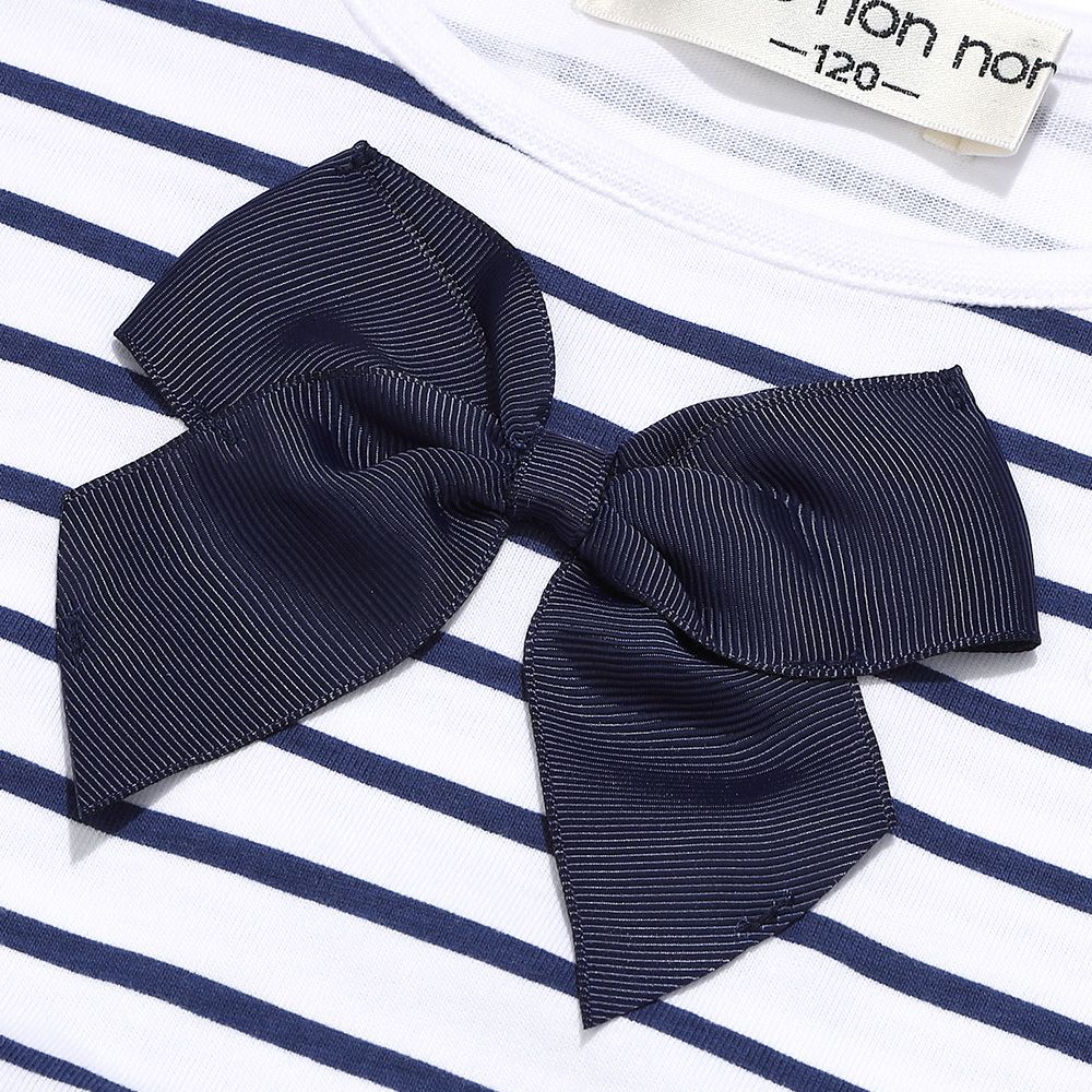ベビー服 女の子 ボーダー柄リボン付き ギャザー切り替え チュニックTシャツ ネイビー(06) デザインポイント1