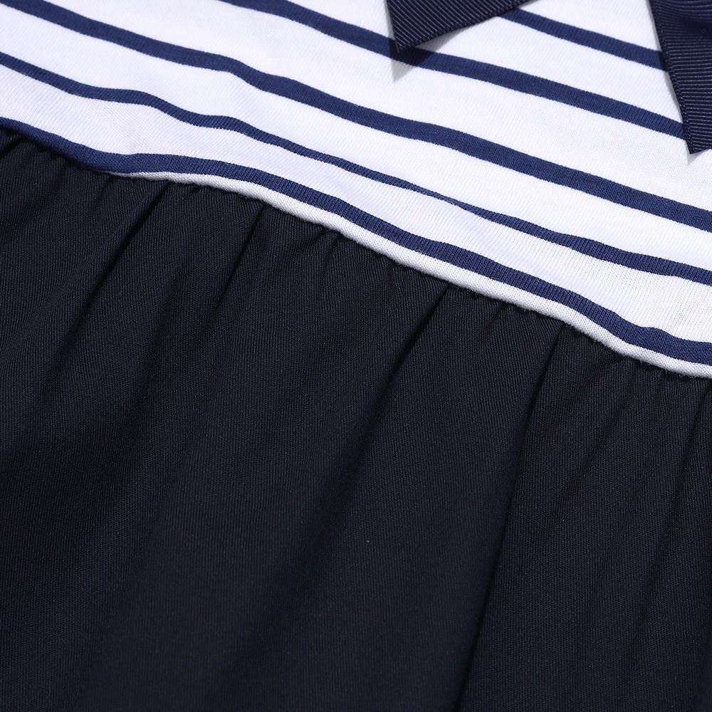 ベビー服 女の子 ボーダー柄リボン付き ギャザー切り替え チュニックTシャツ ネイビー(06) デザインポイント2