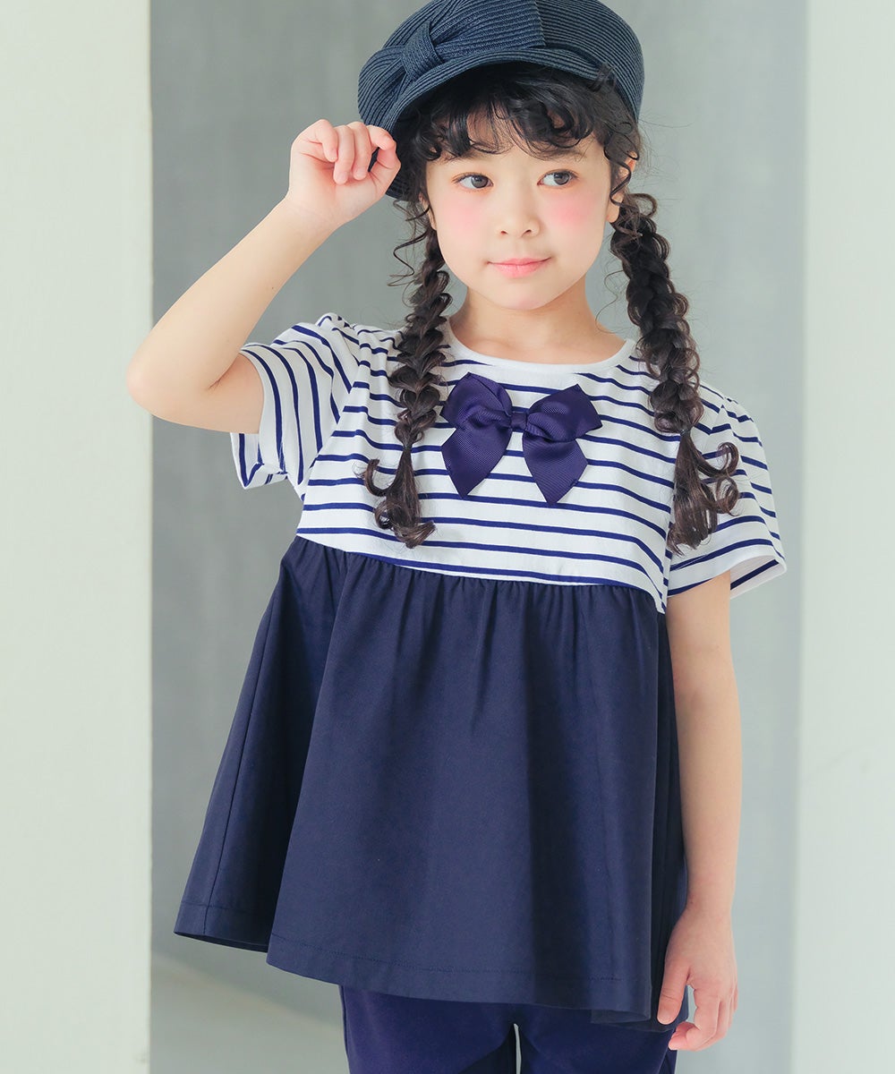 ベビー服 女の子 ボーダー柄リボン付き ギャザー切り替え チュニックTシャツ ネイビー(06)