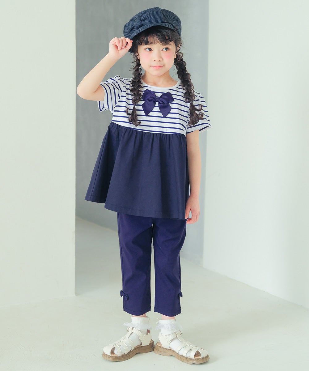 ベビー服 女の子 ボーダー柄リボン付き ギャザー切り替え チュニックTシャツ ネイビー(06)