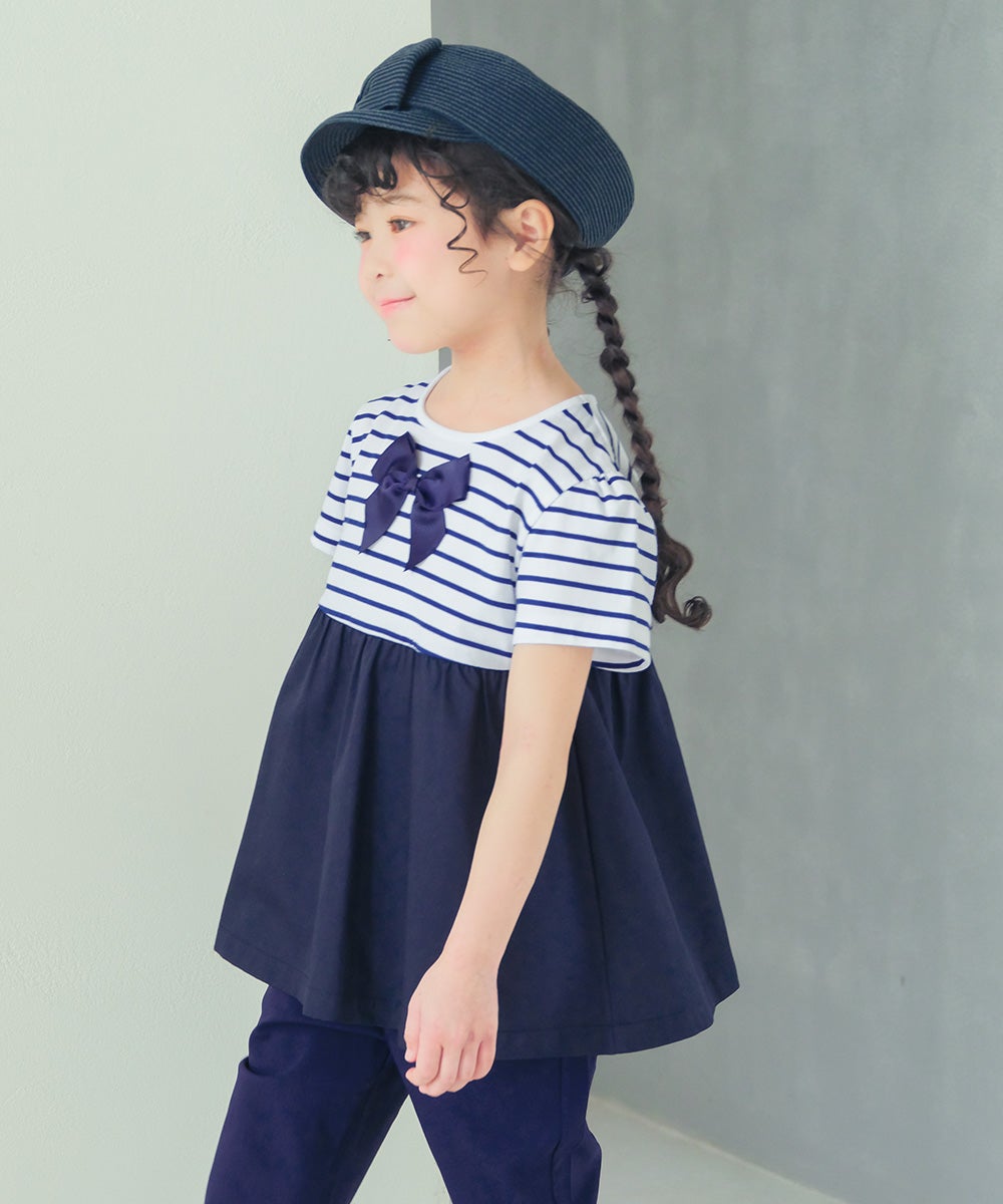 ベビー服 女の子 ボーダー柄リボン付き ギャザー切り替え チュニックTシャツ ネイビー(06)