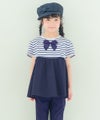 ベビー服 女の子 ボーダー柄リボン付き ギャザー切り替え チュニックTシャツ ネイビー(06)