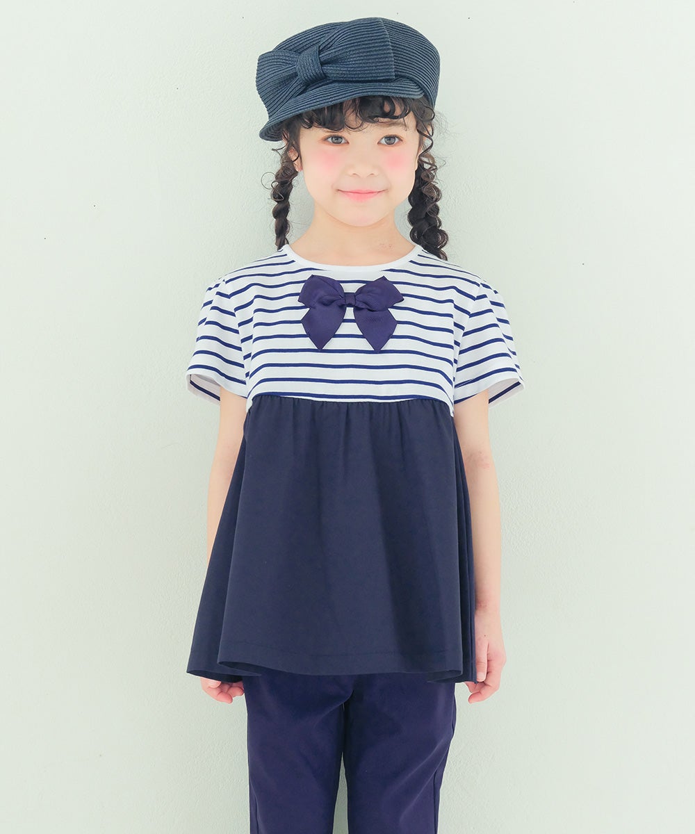 ベビー服 女の子 ボーダー柄リボン付き ギャザー切り替え チュニックTシャツ ネイビー(06)