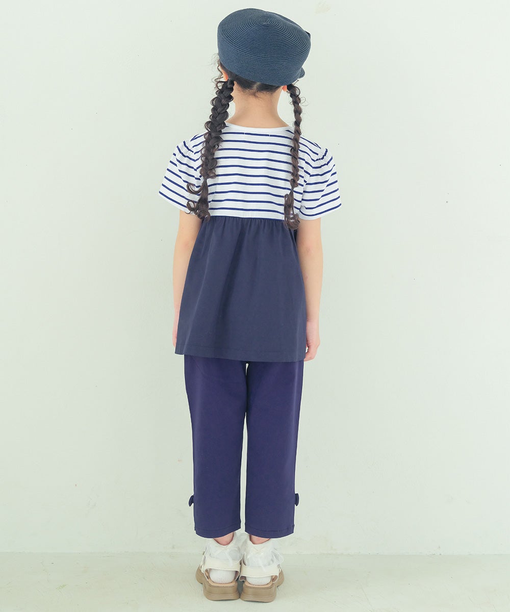 ベビー服 女の子 ボーダー柄リボン付き ギャザー切り替え チュニックTシャツ ネイビー(06)