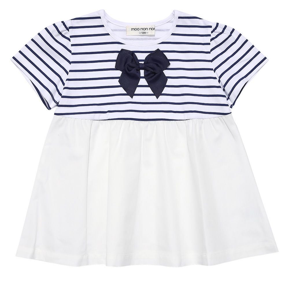 ベビー服 女の子 ボーダー柄リボン付き ギャザー切り替え チュニックTシャツ オフホワイト(11) 正面