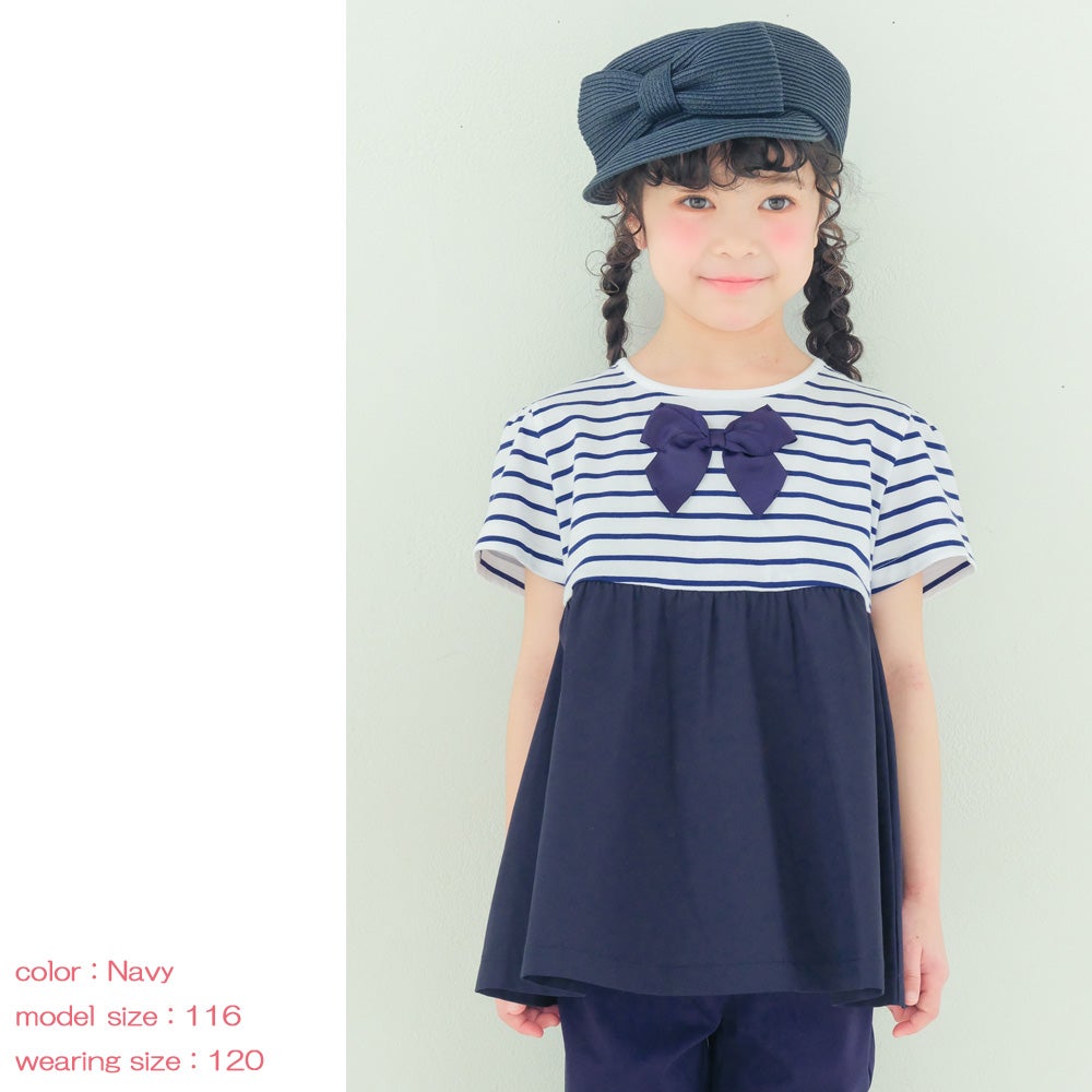 ベビー服 女の子 ボーダー柄リボン付き ギャザー切り替え チュニックTシャツ