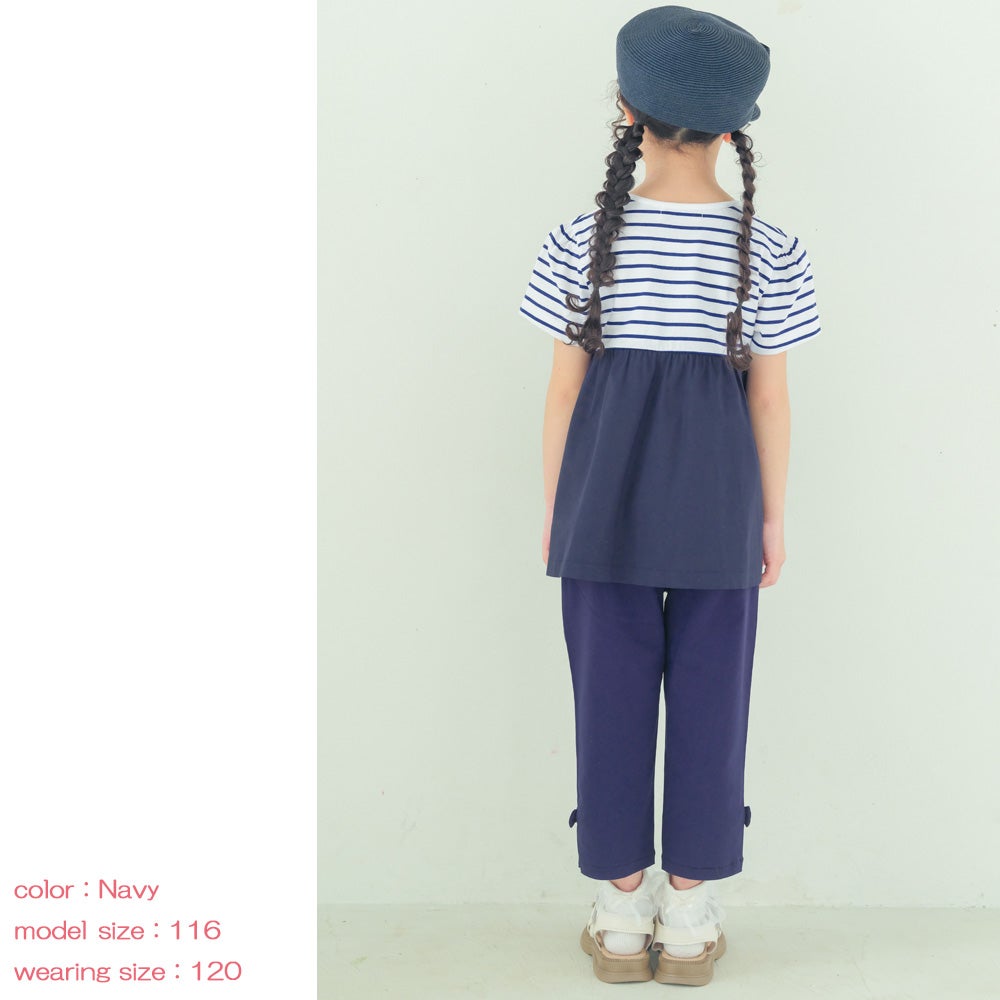 ベビー服 女の子 ボーダー柄リボン付き ギャザー切り替え チュニックTシャツ
