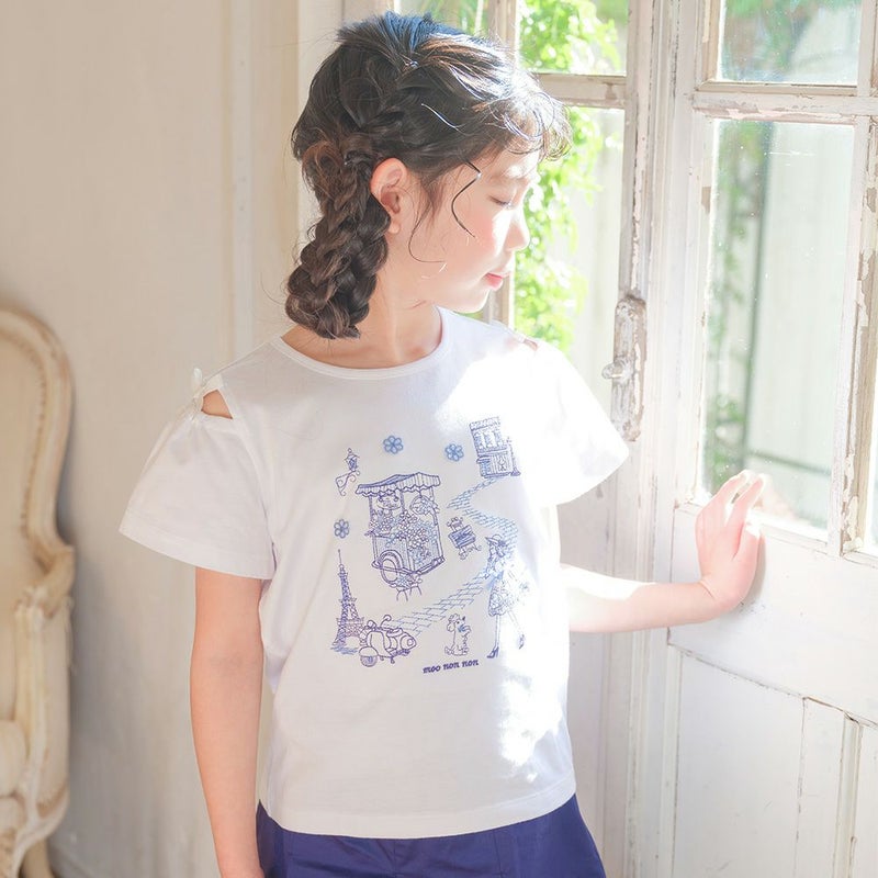 子供服 女の子 綿100％ パリ風景刺繍 お花モチーフ肩あきTシャツ