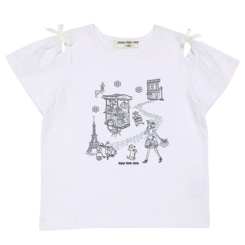 子供服 女の子 綿100％ パリ風景刺繍 お花モチーフ肩あきTシャツ オフホワイト(11) 正面