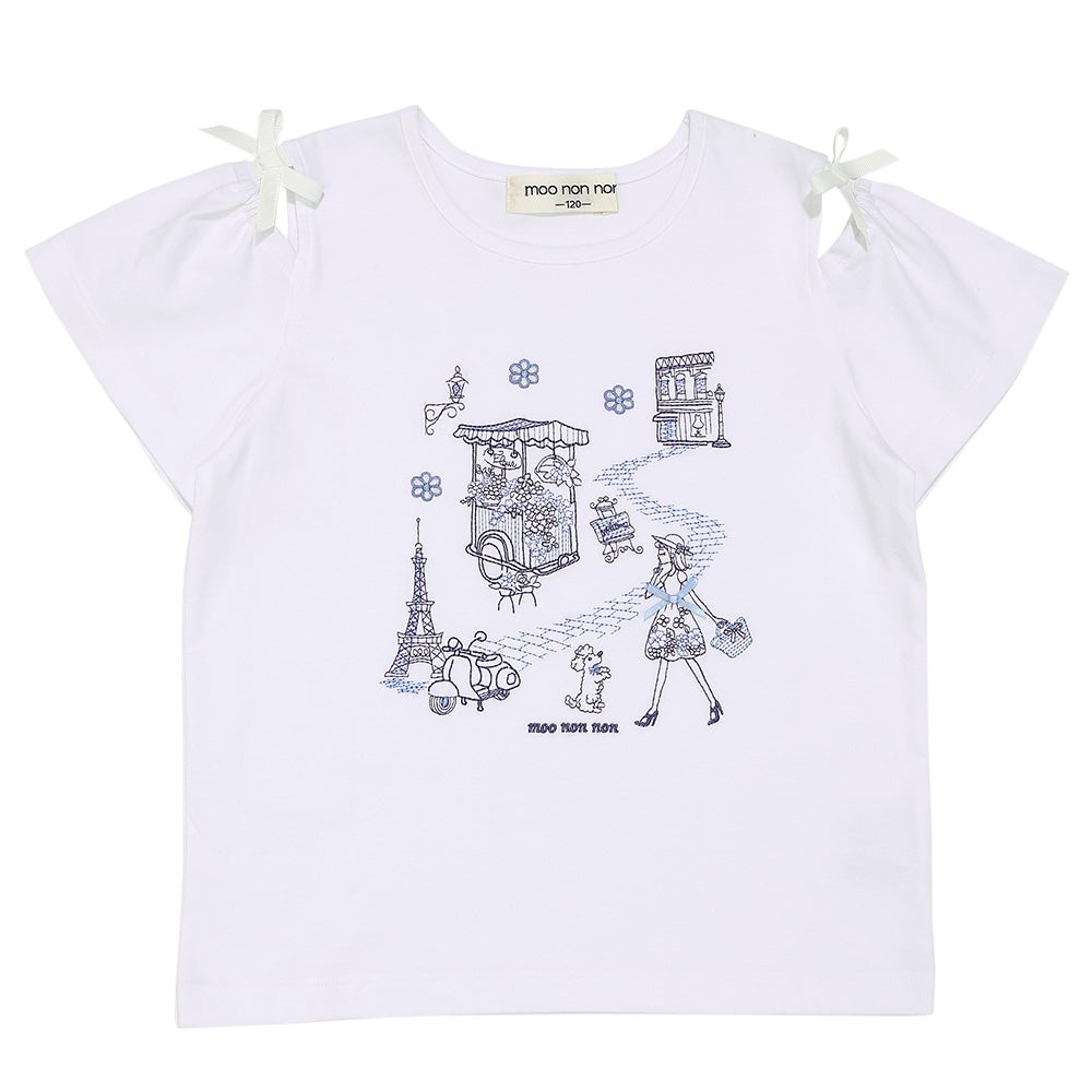 子供服 女の子 子ども服 こども服 キッズ ジュニア 綿100％ パリ風景 刺繍 お花 モチーフ付き 肩あき オフホワイト(11) 正面