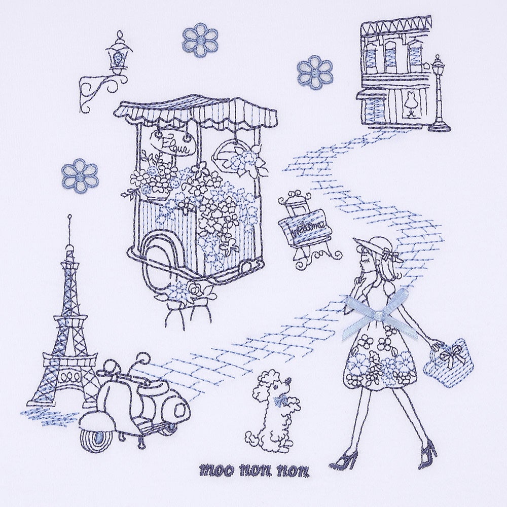 子供服 女の子 子ども服 こども服 キッズ ジュニア 綿100％ パリ風景 刺繍 お花 モチーフ付き 肩あき オフホワイト(11) デザインポイント1