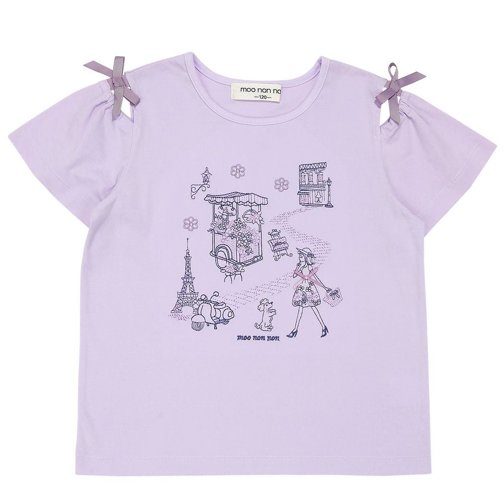 子供服 女の子 綿100％ パリ風景刺繍 お花モチーフ肩あきTシャツ パープル(91) 正面