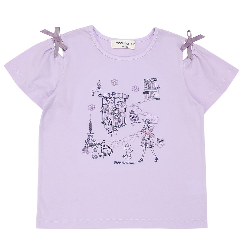 子供服 女の子 子ども服 こども服 キッズ ジュニア 綿100％ パリ風景 刺繍 お花 モチーフ付き 肩あき パープル(91) 正面