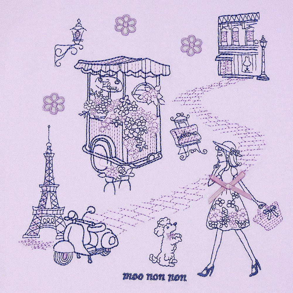 子供服 女の子 子ども服 こども服 キッズ ジュニア 綿100％ パリ風景 刺繍 お花 モチーフ付き 肩あき パープル(91) デザインポイント1