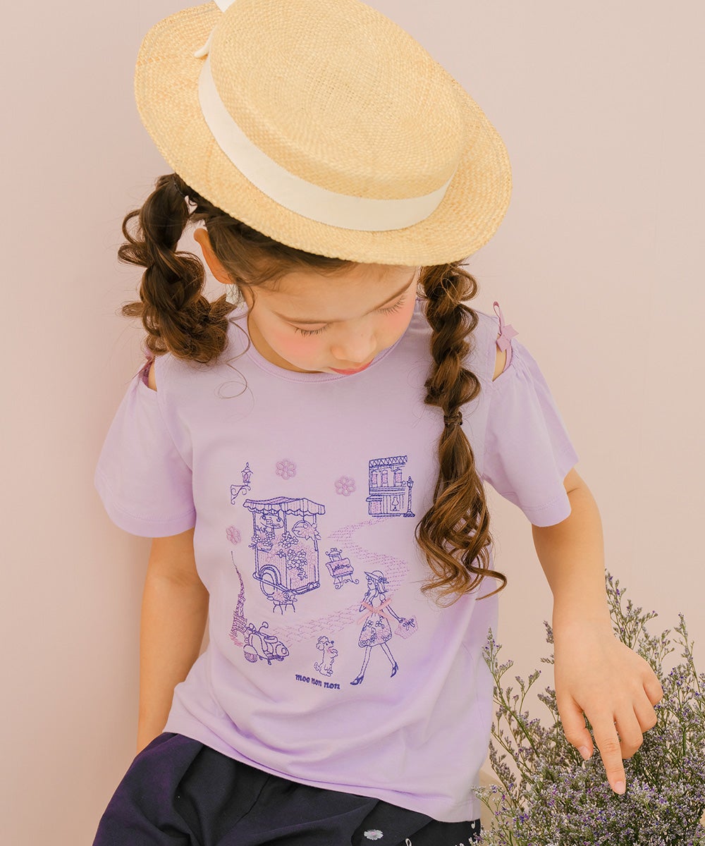子供服 女の子 子ども服 こども服 キッズ ジュニア 綿100％ パリ風景 刺繍 お花 モチーフ付き 肩あき パープル(91) モデル画像アップ