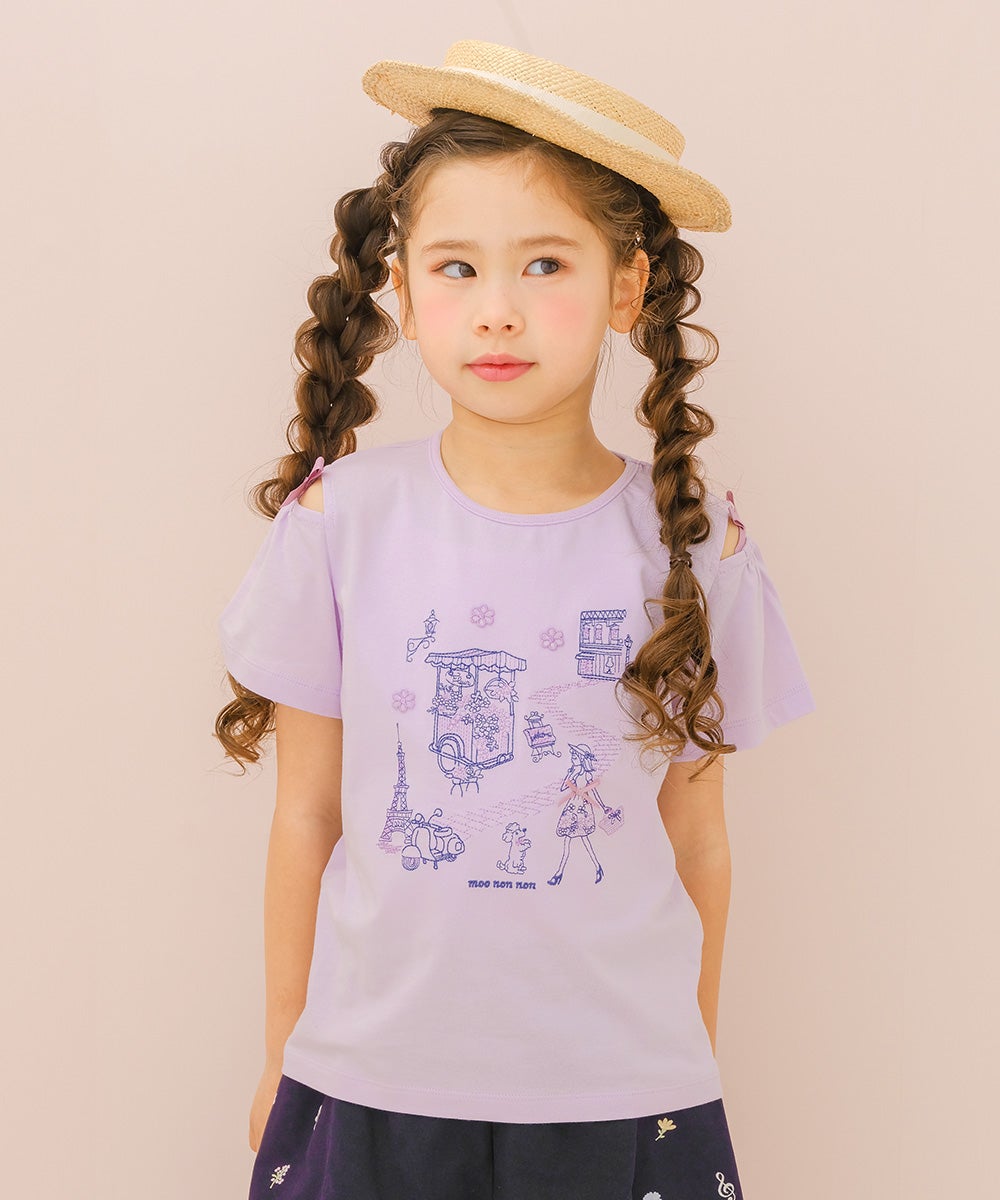 子供服 女の子 子ども服 こども服 キッズ ジュニア 綿100％ パリ風景 刺繍 お花 モチーフ付き 肩あき パープル(91) モデル画像1