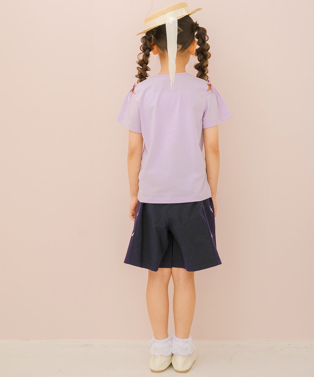 子供服 女の子 子ども服 こども服 キッズ ジュニア 綿100％ パリ風景 刺繍 お花 モチーフ付き 肩あき パープル(91) モデル画像4