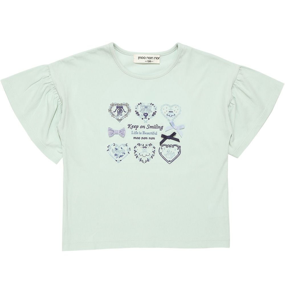 子供服 女の子 綿100％ ロゴハートお花刺繍 リボンTシャツ グリーン(08) 正面