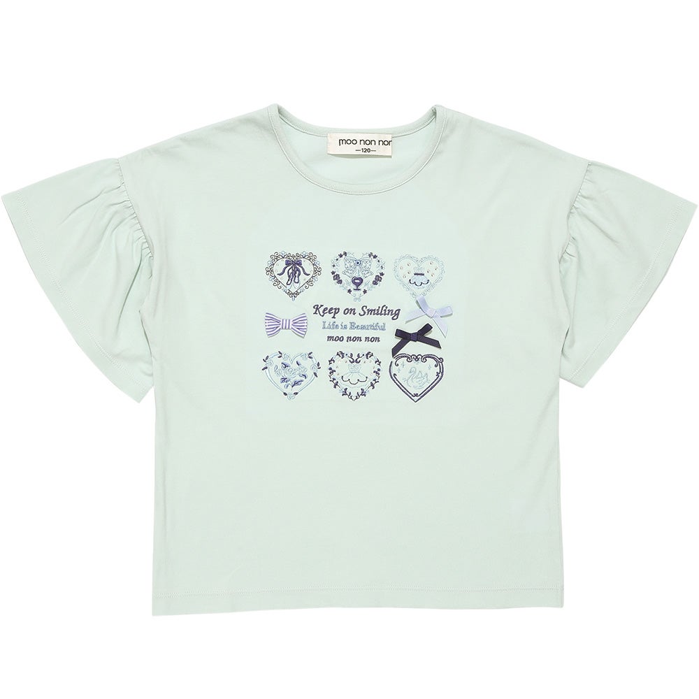 子供服 女の子 子ども服 こども服 キッズ ジュニア 綿100％ ロゴ ハート お花 刺繍 リボン ティーシャツ グリーン(08) 正面
