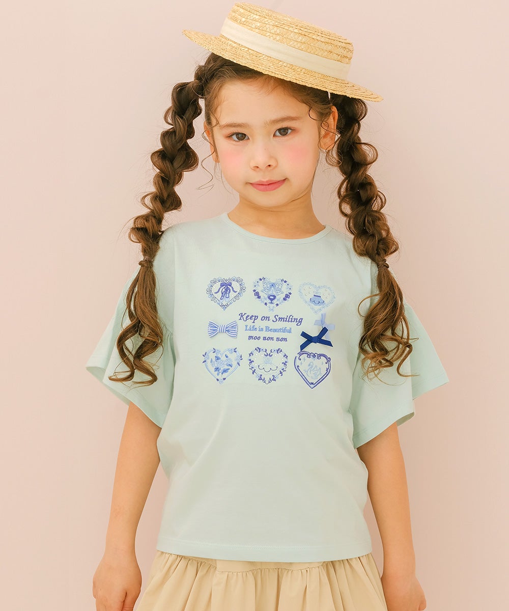 子供服 女の子 子ども服 こども服 キッズ ジュニア 綿100％ ロゴ ハート お花 刺繍 リボン ティーシャツ グリーン(08) モデル画像アップ