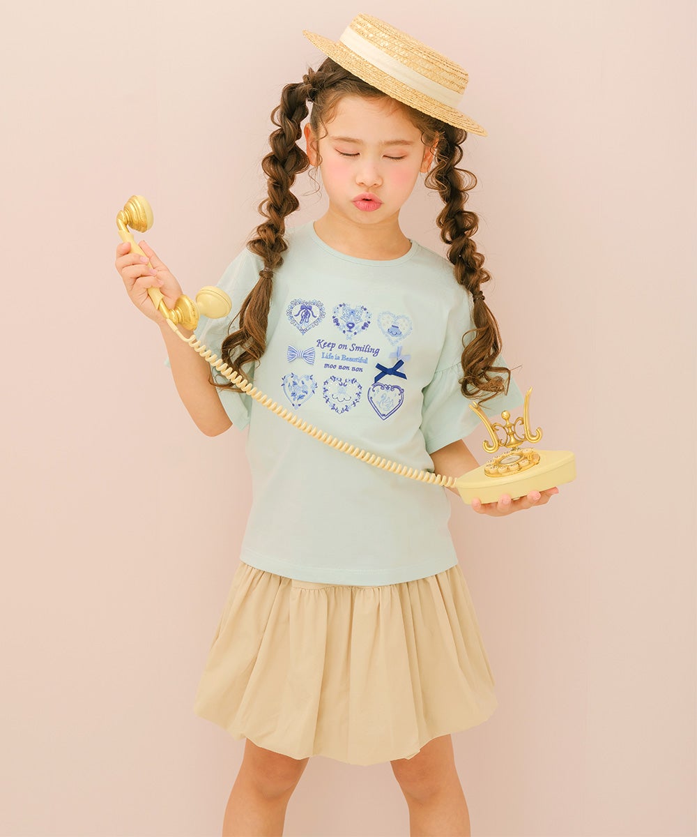 子供服 女の子 子ども服 こども服 キッズ ジュニア 綿100％ ロゴ ハート お花 刺繍 リボン ティーシャツ グリーン(08) モデル画像4