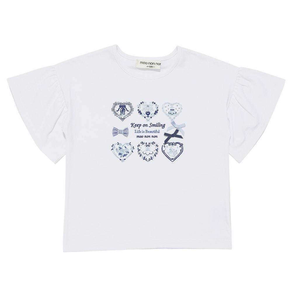 子供服 女の子 綿100％ ロゴハートお花刺繍 リボンTシャツ オフホワイト(11) 正面