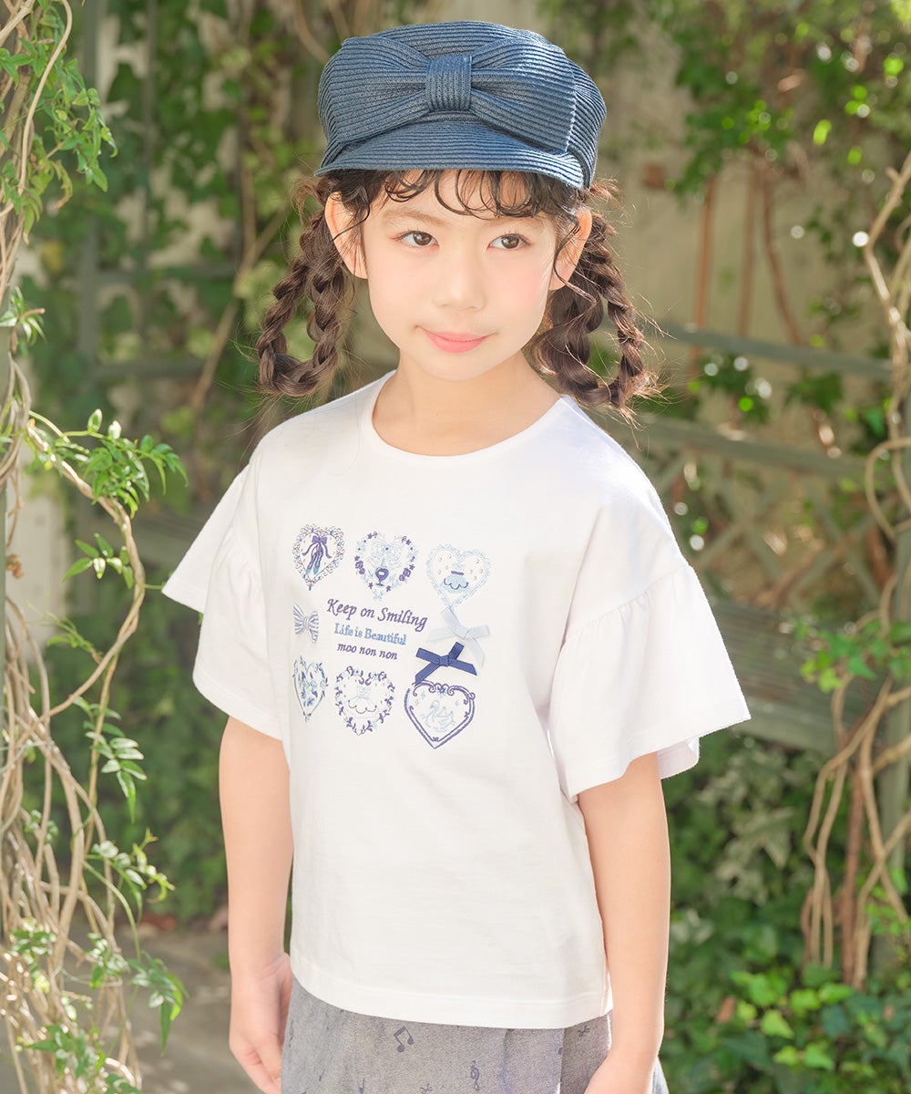 子供服 女の子 子ども服 こども服 キッズ ジュニア 綿100％ ロゴ ハート お花 刺繍 リボン ティーシャツ オフホワイト(11) モデル画像アップ
