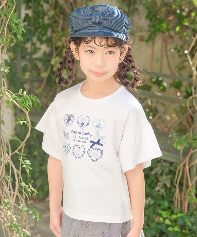 綿100% ロゴハートお花刺繍 リボンTシャツ